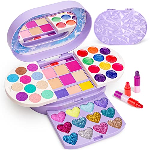 KIDCHEER Maquillaje para Niñas, Estuche Maquillaje Niña Real, Lavables, Seguridad No Tóxica, Juego de Maquillaje de Princesa para Niñas de 3 4 5 6 7 8 Años, 46