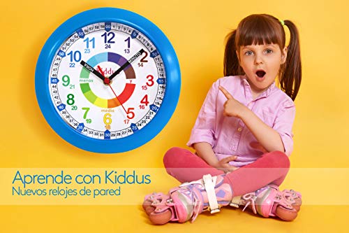 Kiddus Reloj de Pared Pedagógico Infantil para Niña, Niño. Analógico y Silencioso. Aprende la Hora con Nuestro Fácil Sistema Time Teacher. Ejercicios Incluídos. Diseñado en Barcelona