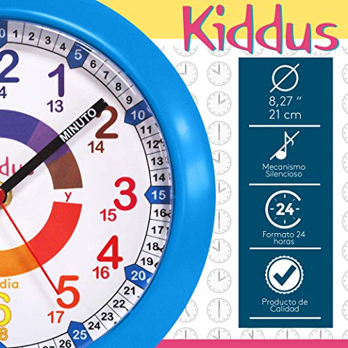 Kiddus Reloj de Pared Pedagógico Infantil para Niña, Niño. Analógico y Silencioso. Aprende la Hora con Nuestro Fácil Sistema Time Teacher. Ejercicios Incluídos. Diseñado en Barcelona