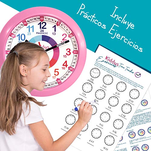 Kiddus Reloj de Pared Pedagógico Infantil para Niña, Niño. Analógico y Silencioso. Aprende la Hora con Nuestro Fácil Sistema Time Teacher. Ejercicios Incluídos. Diseñado en Barcelona