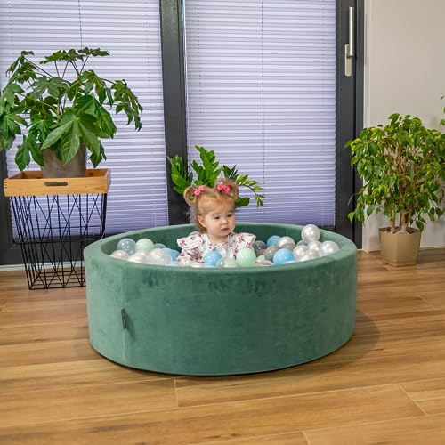 KiddyMoon Terciopelo Piscina De Bolas 90X30cm/200 Bolas para Ninos Hecha En La UE, Beige De Arena: Turquesaosc/Beigepas/Grisverd/Salmón