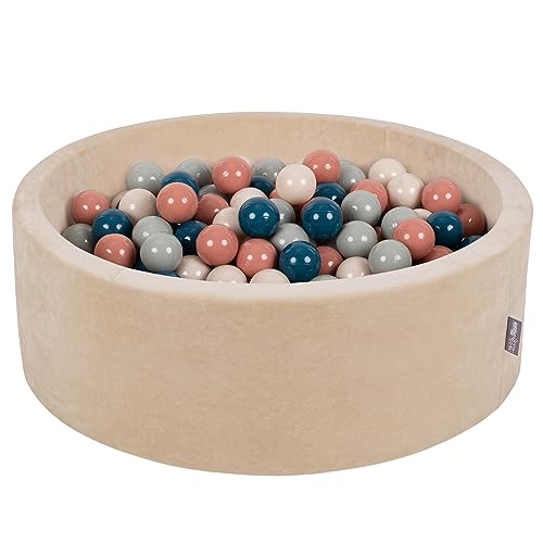 KiddyMoon Terciopelo Piscina De Bolas 90X30cm/200 Bolas para Ninos Hecha En La UE, Beige De Arena: Turquesaosc/Beigepas/Grisverd/Salmón