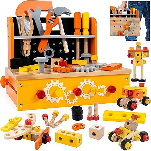 KIDWILL Caja de Herramientas para Niños de Madera, 54pcs Fingiendo Jugar Juguetes de Construcción 2 en 1 Pabellón de Trabajo Juego de Regalos para Niños y Niñas de 3 Años de Edad