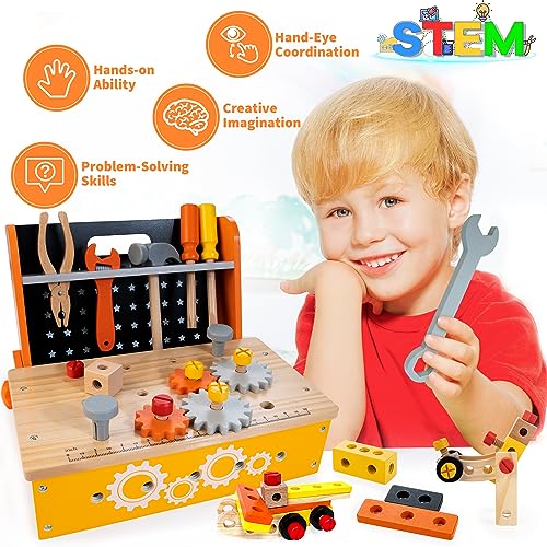 KIDWILL Caja de Herramientas para Niños de Madera, 54pcs Fingiendo Jugar Juguetes de Construcción 2 en 1 Pabellón de Trabajo Juego de Regalos para Niños y Niñas de 3 Años de Edad