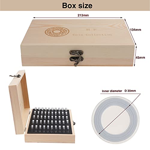 Kinsinder 50 cápsulas de monedas, caja de colección de monedas de madera para coleccionistas de monedas de 18 mm/20 mm/23 mm/25 mm/27 mm/30 mm