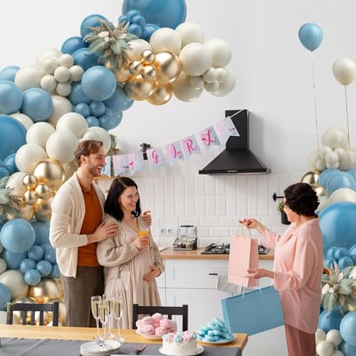 Kit Arco Globo Azul, 125pcs Globos Guirnalda Kit Dusty Blue Baby Blue, Sand White Metallic Gold Globos para Baby Shower Cumpleaños Decoraciones de Fiesta