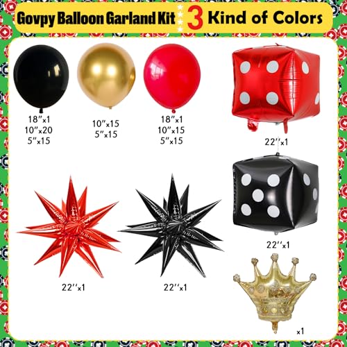 Kit de guirnalda de arco de globos temáticos de casino, 104 piezas de guirnalda de globos de látex metálico rojo, negro y dorado con corona de dados Starburst para mujeres y hombres, decoración de