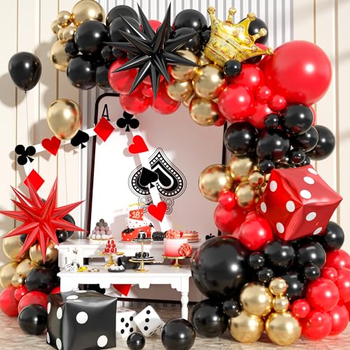 Kit de guirnalda de arco de globos temáticos de casino, 104 piezas de guirnalda de globos de látex metálico rojo, negro y dorado con corona de dados Starburst para mujeres y hombres, decoración de