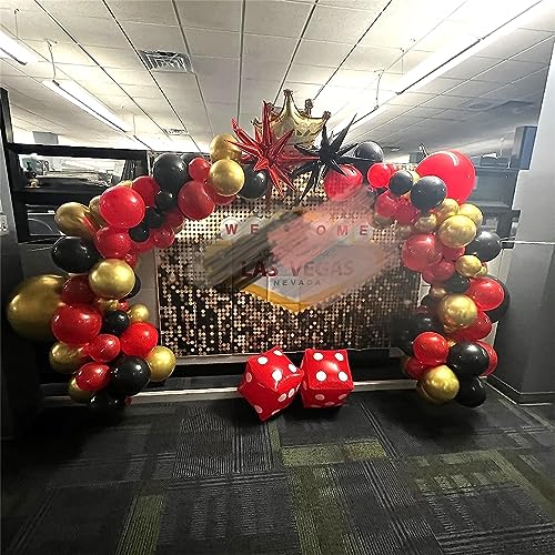 Kit de guirnalda de arco de globos temáticos de casino, 104 piezas de guirnalda de globos de látex metálico rojo, negro y dorado con corona de dados Starburst para mujeres y hombres, decoración de