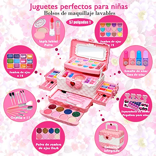 Kit de Maquillaje para Niño - 57 PCS Lavable de Maquillaje para Niñas,Juego de Maquillaje y No Tóxico,Regalo de Princesa para Niñas,Cumpleaños para Niñas Mayores de 4 5 6 7 8+ Años (Rosa)