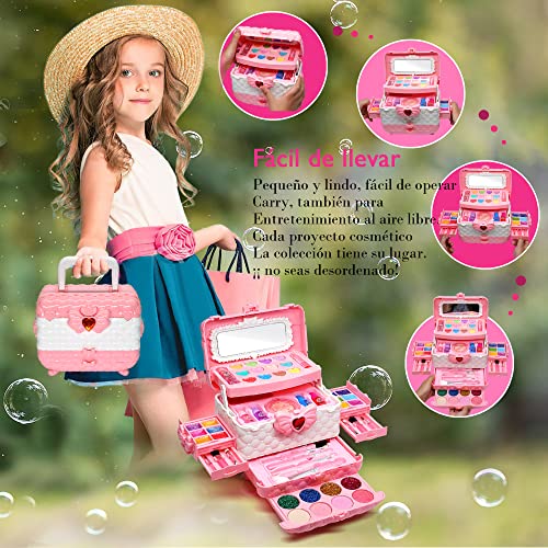 Kit de Maquillaje para Niño - 57 PCS Lavable de Maquillaje para Niñas,Juego de Maquillaje y No Tóxico,Regalo de Princesa para Niñas,Cumpleaños para Niñas Mayores de 4 5 6 7 8+ Años (Rosa)