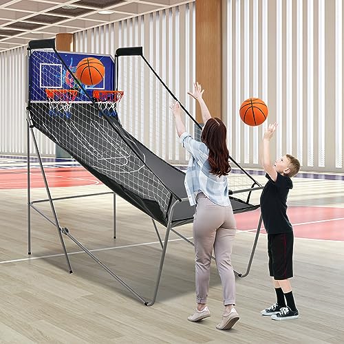 KOMFOTTEU Juego de Canasta de Baloncesto, Arcade Plegable de Doble Canasta con Contador Electrónico, 8 en 1 Máquina de Tiro de Baloncesto con 4 Pelotas y Bomba, 202 x 107 x 205 cm (Azul)