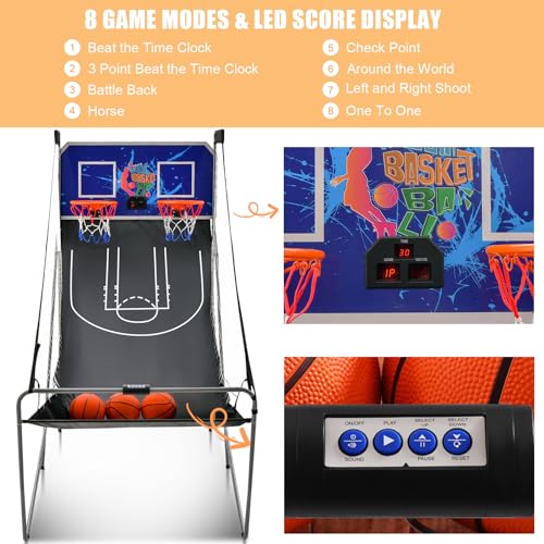 KOMFOTTEU Juego de Canasta de Baloncesto, Arcade Plegable de Doble Canasta con Contador Electrónico, 8 en 1 Máquina de Tiro de Baloncesto con 4 Pelotas y Bomba, 202 x 107 x 205 cm (Azul)