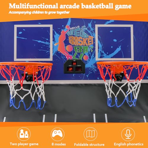 KOMFOTTEU Juego de Canasta de Baloncesto, Arcade Plegable de Doble Canasta con Contador Electrónico, 8 en 1 Máquina de Tiro de Baloncesto con 4 Pelotas y Bomba, 202 x 107 x 205 cm (Azul)