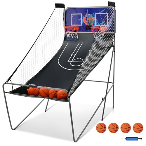 KOMFOTTEU Juego de Canasta de Baloncesto, Arcade Plegable de Doble Canasta con Contador Electrónico, 8 en 1 Máquina de Tiro de Baloncesto con 4 Pelotas y Bomba, 202 x 107 x 205 cm (Azul)