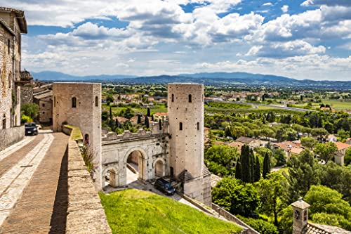 Lais Puzzle La Porta di Venere de la época Romana, de travertino Blanco, con Sus Tres Arcos y Las Dos Torres de Properzio. En Spello, Provincia de Perugia, Umbría, Italia 2000 Piezas