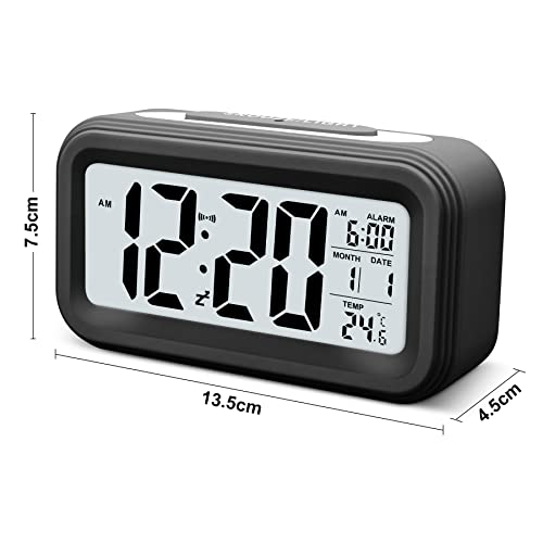 Larkumio Despertador Digital Pilas, Reloj Despertador Inteligente Alarm Clock Silencioso Sin Tic TAC con Luz, LED Despertador Infantil con Temperatura Fecha para Adultos Niño, Negro