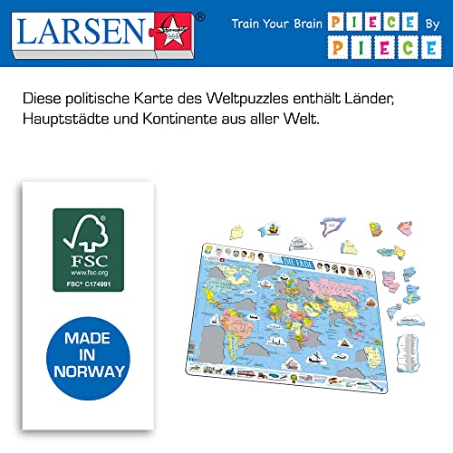 Larsen K1 El Mapa político Mundial, edición en Alemán, Puzzle de Marco con 107 Piezas