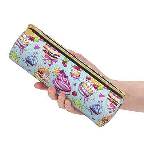 Lawenp Estuche de lápices cilíndrico de Cuero Patrón de diseño de postres deliciosos Bolsa de papelería de Oficina Duradera Caja de papelería Útiles Escolares