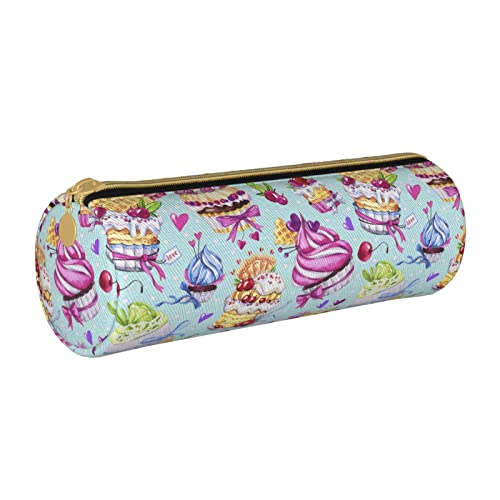 Lawenp Estuche de lápices cilíndrico de Cuero Patrón de diseño de postres deliciosos Bolsa de papelería de Oficina Duradera Caja de papelería Útiles Escolares