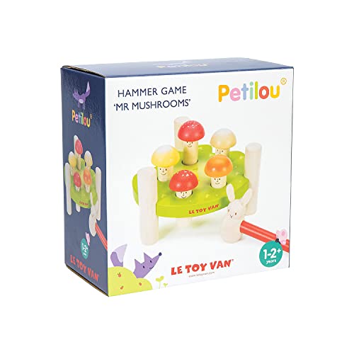 Le Toy Van - PL092 - Juego educativo con martillo de madera 1 año, Mr hongos, juguete montessori, incluye 5 clavijas con forma de hongo y un martillo de conejo, ecológico, Petilou