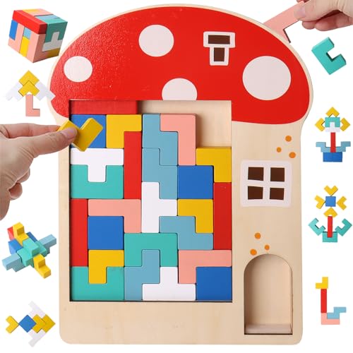 LEcylankEr Puzzle Tetris de Madera para Infantil, Rompecabezas de Tangram 3 en 1, Juguetes Montessori para 3-7 Años, Puzzle 3D Juguetes Educativos Regalos para Niños Niñas (Hongo)