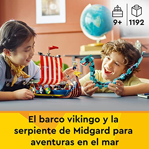 LEGO 31132 Creator 3en1 Barco Vikingo y Serpiente Midgard, Casa de Juguete o Lobo Fenris, Dragón, Regalos Mi Primera Comunión para Niños y Niñas