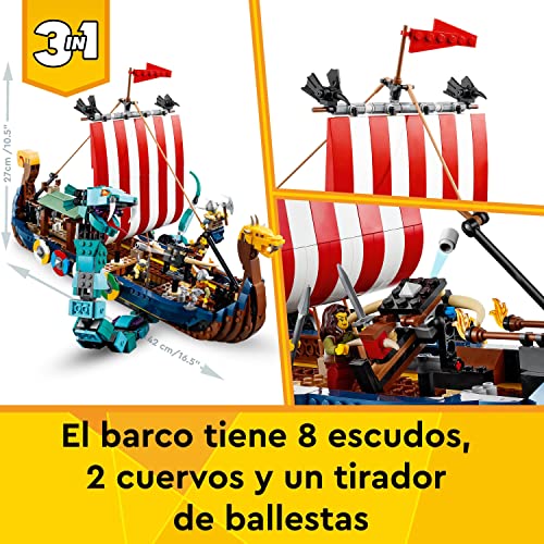 LEGO 31132 Creator 3en1 Barco Vikingo y Serpiente Midgard, Casa de Juguete o Lobo Fenris, Dragón, Regalos Mi Primera Comunión para Niños y Niñas