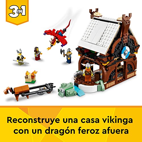 LEGO 31132 Creator 3en1 Barco Vikingo y Serpiente Midgard, Casa de Juguete o Lobo Fenris, Dragón, Regalos Mi Primera Comunión para Niños y Niñas