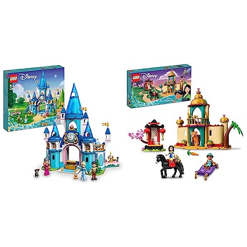 LEGO 43206 Disney Princess Castillo de Cenicienta y el Príncipe, Casa de Muñecas, Juguete de Construcción para Niñas y Niños de 5 Años o Más & 43208 Disney Princesa Aventura de Jasmine y Mulán