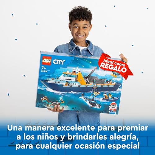 LEGO 60368 City Barco Explorador del Ártico, Barco Grande de Juguete Que Flota con Helicóptero, Sub, Naufragio Vikingo, Minifiguras y una Figura de Orca, Regalo para Niños y Niñas de 7 Años o Más