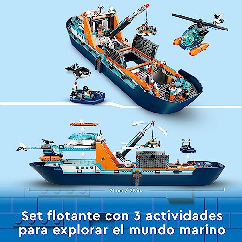 LEGO 60368 City Barco Explorador del Ártico, Barco Grande de Juguete Que Flota con Helicóptero, Sub, Naufragio Vikingo, Minifiguras y una Figura de Orca, Regalo para Niños y Niñas de 7 Años o Más