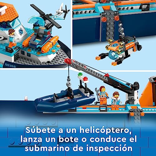 LEGO 60368 City Barco Explorador del Ártico, Barco Grande de Juguete Que Flota con Helicóptero, Sub, Naufragio Vikingo, Minifiguras y una Figura de Orca, Regalo para Niños y Niñas de 7 Años o Más