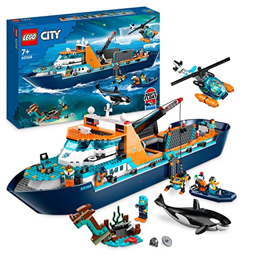 LEGO 60368 City Barco Explorador del Ártico, Barco Grande de Juguete Que Flota con Helicóptero, Sub, Naufragio Vikingo, Minifiguras y una Figura de Orca, Regalo para Niños y Niñas de 7 Años o Más