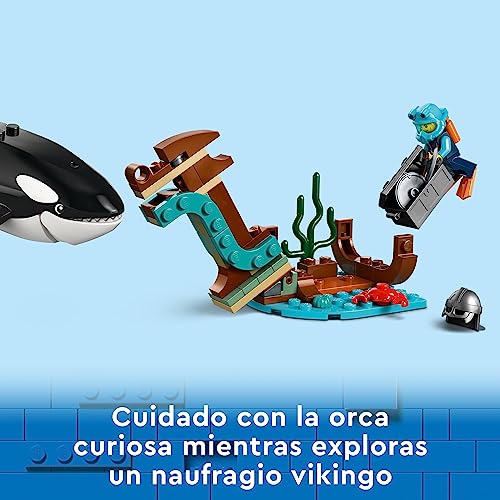 LEGO 60368 City Barco Explorador del Ártico, Barco Grande de Juguete Que Flota con Helicóptero, Sub, Naufragio Vikingo, Minifiguras y una Figura de Orca, Regalo para Niños y Niñas de 7 Años o Más