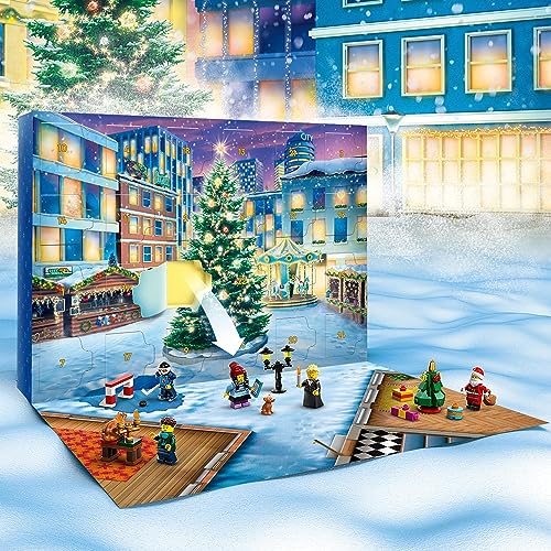 LEGO 60381 City Calendario de Adviento 2023 con 24 Regalos, Inc. Figura de Papá Noel y Renos, y un Tapete de Juego de Pueblo Mágico de Invierno, Regalo de Cuenta Atrás de Navidad para Niños y Niñas
