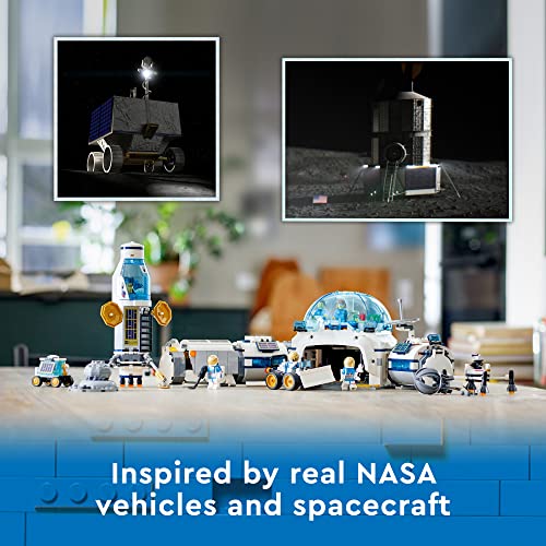 LEGO City Lunar Research Base - Juguete del espacio exterior para niños que aman el espacio 60350, aterrizaje lunar inspirado en la NASA, rover y buggy lunar con 6 minifiguras de astronauta, a partir