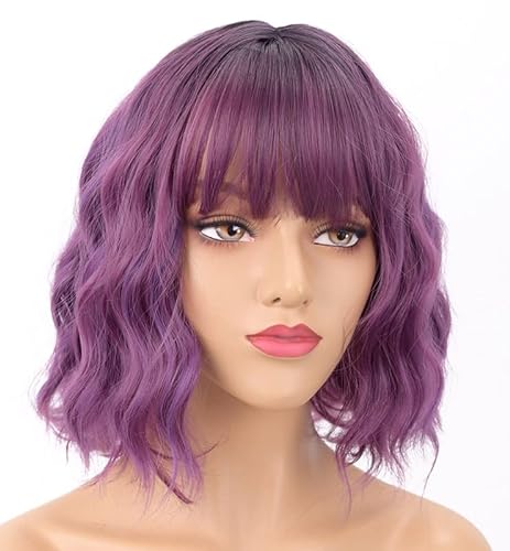 LEMEIZ Flawless Beachy Weave Purple Wigs with Bangs Ombre Dark to Purple Synthetic Wigs for Women Short Wob Hair Wigs uk 10 inch LEMEIZ-134