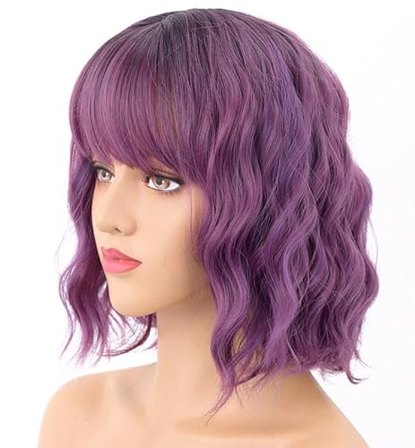 LEMEIZ Flawless Beachy Weave Purple Wigs with Bangs Ombre Dark to Purple Synthetic Wigs for Women Short Wob Hair Wigs uk 10 inch LEMEIZ-134