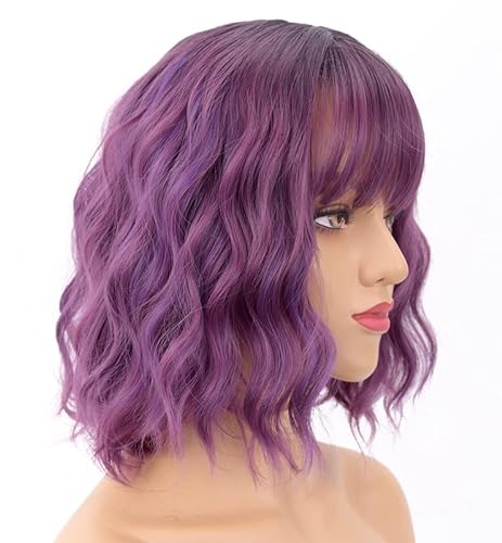 LEMEIZ Flawless Beachy Weave Purple Wigs with Bangs Ombre Dark to Purple Synthetic Wigs for Women Short Wob Hair Wigs uk 10 inch LEMEIZ-134