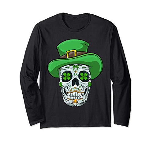 Leprechaun Sugar Skull St Patricks Day Of The Dead Calavera Manga Larga