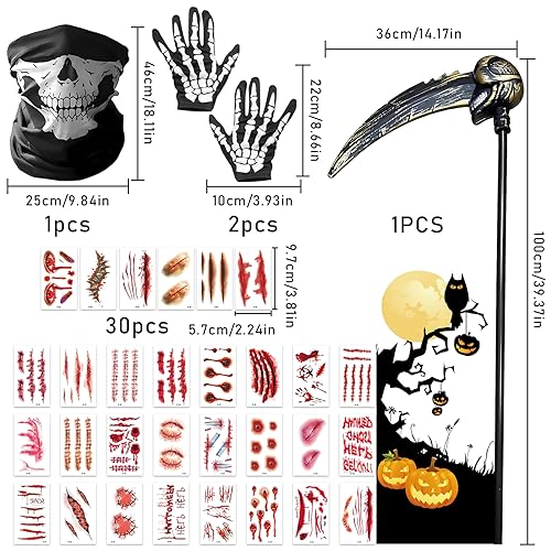 Lets Joy Juego de Guadaña de Halloween, Grim Reaper Scythe, Grim Reaper Halloween Sickle, Halloween Cicatrices Tatuajes, Guantes de Esqueleto de Parca, Máscara de Esqueleto, Halloween Costume