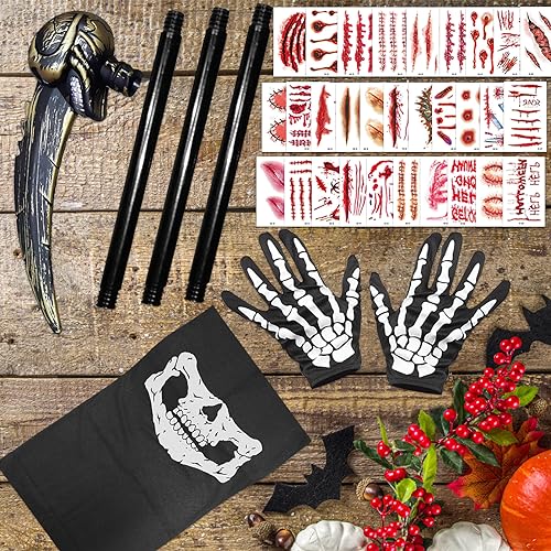 Lets Joy Juego de Guadaña de Halloween, Grim Reaper Scythe, Grim Reaper Halloween Sickle, Halloween Cicatrices Tatuajes, Guantes de Esqueleto de Parca, Máscara de Esqueleto, Halloween Costume