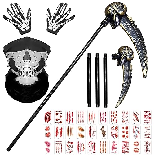 Lets Joy Juego de Guadaña de Halloween, Grim Reaper Scythe, Grim Reaper Halloween Sickle, Halloween Cicatrices Tatuajes, Guantes de Esqueleto de Parca, Máscara de Esqueleto, Halloween Costume