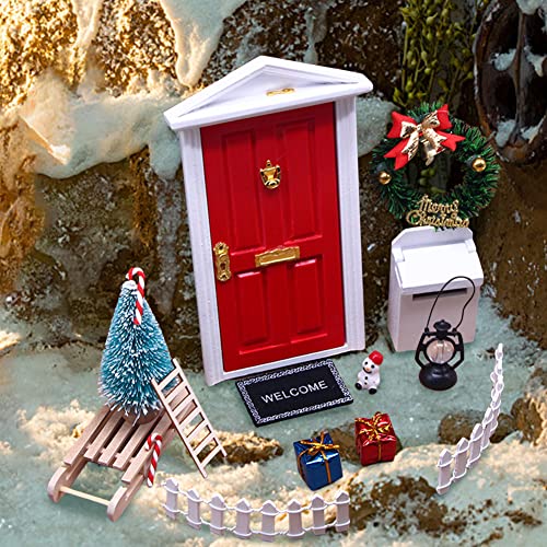 LICHENGTAI Juego de Puerta de Navidad en Miniatura, Puerta de Elfo Árbol de Navidad, Accesorios Casa De Miniaturas Muñecas Navidad, Escalera Felpudo Escoba, Mini Decoración Navidad