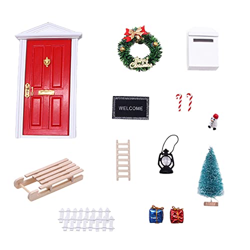 LICHENGTAI Juego de Puerta de Navidad en Miniatura, Puerta de Elfo Árbol de Navidad, Accesorios Casa De Miniaturas Muñecas Navidad, Escalera Felpudo Escoba, Mini Decoración Navidad