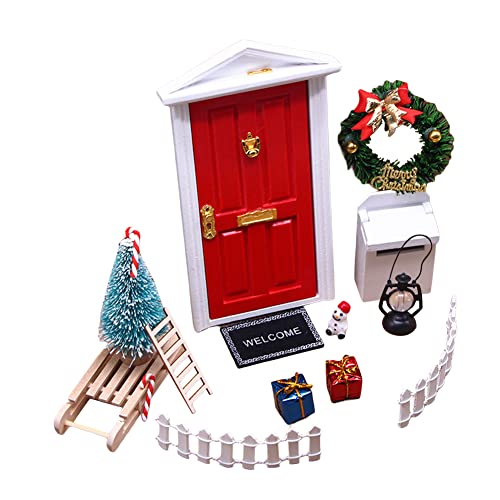 LICHENGTAI Juego de Puerta de Navidad en Miniatura, Puerta de Elfo Árbol de Navidad, Accesorios Casa De Miniaturas Muñecas Navidad, Escalera Felpudo Escoba, Mini Decoración Navidad