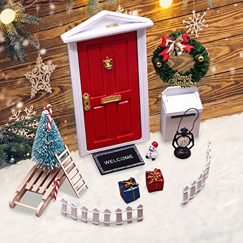 LICHENGTAI Juego de Puerta de Navidad en Miniatura, Puerta de Elfo Árbol de Navidad, Accesorios Casa De Miniaturas Muñecas Navidad, Escalera Felpudo Escoba, Mini Decoración Navidad