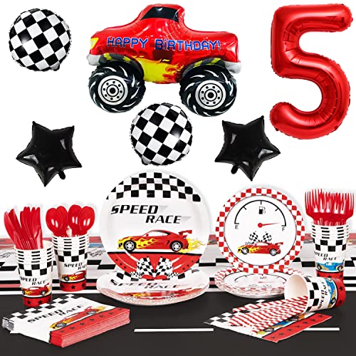 Liitata Juego de globos de carreras para coche de carreras 5 niños cumpleaños decoración número 5 globos rojos grandes coches carreras globos bandera estrella para jóvenes cumpleaños fiesta temática