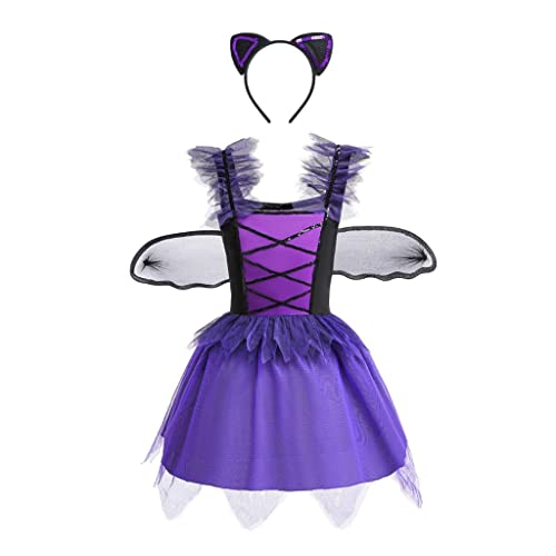 Lito Angels Disfraz Vestido de Bruja con Alas de Murciélago y Orejas de Gato para Niñas Talla 8-9 años, Morado (Número de etiqueta 0L)